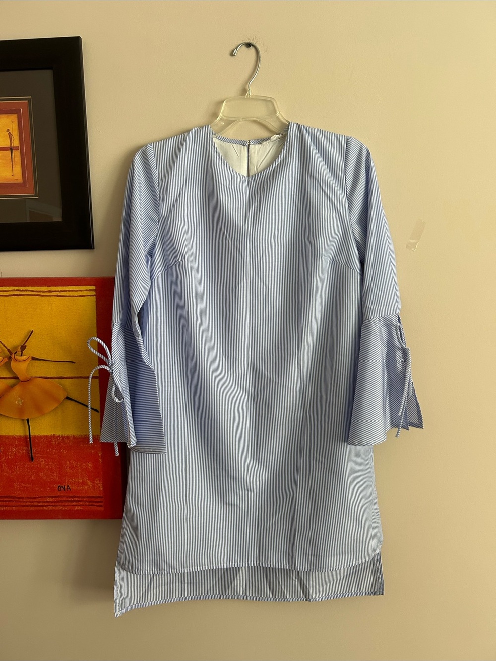 Light Blue Striped Mini Dress with Tie-Sleeve Detail